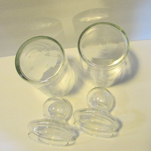set vtg clear glass etched tall apothecary jars ball shaped lids grandmacore - Picture 13 of 13